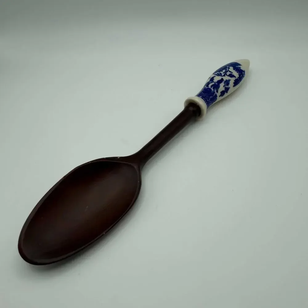 Vintage Wooden Serving Spoon Blue White Handle Dark Wood Salad Serving Spoon